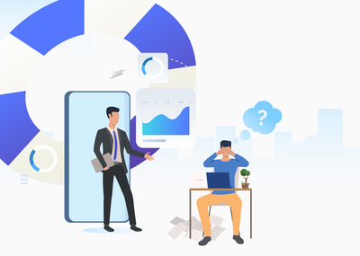 ID-981538-被工作筆記本電腦困惑的商務(wù)顧問卡通人高清大圖